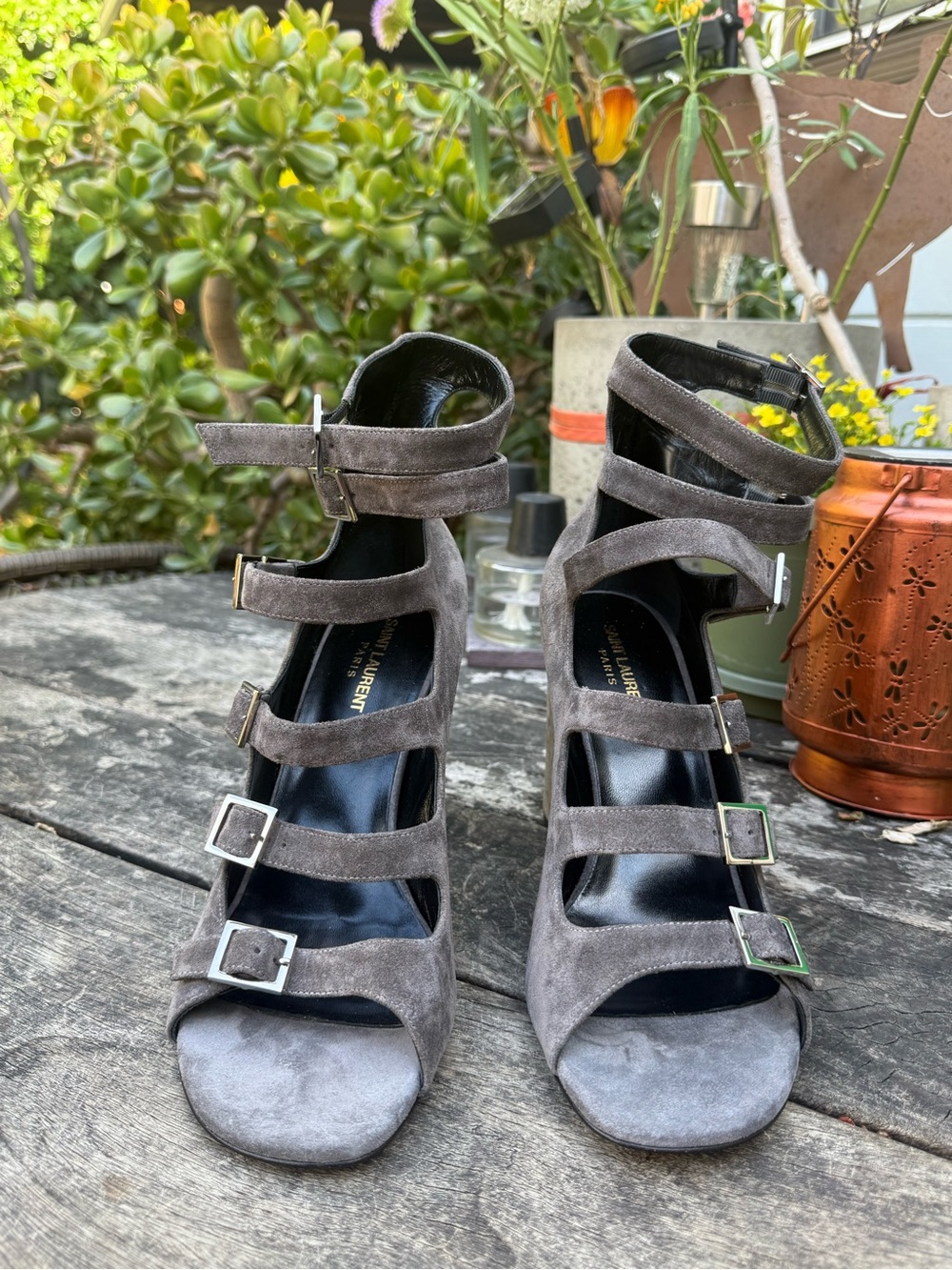 Saint Laurent Gray Suede Multi‑Strap Block Heel Sandals 41.5 - Picture 2 of 10